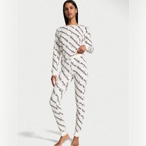Victoria’s Secret Women's White and Black Logo thermal long pajama Sleepwear Set